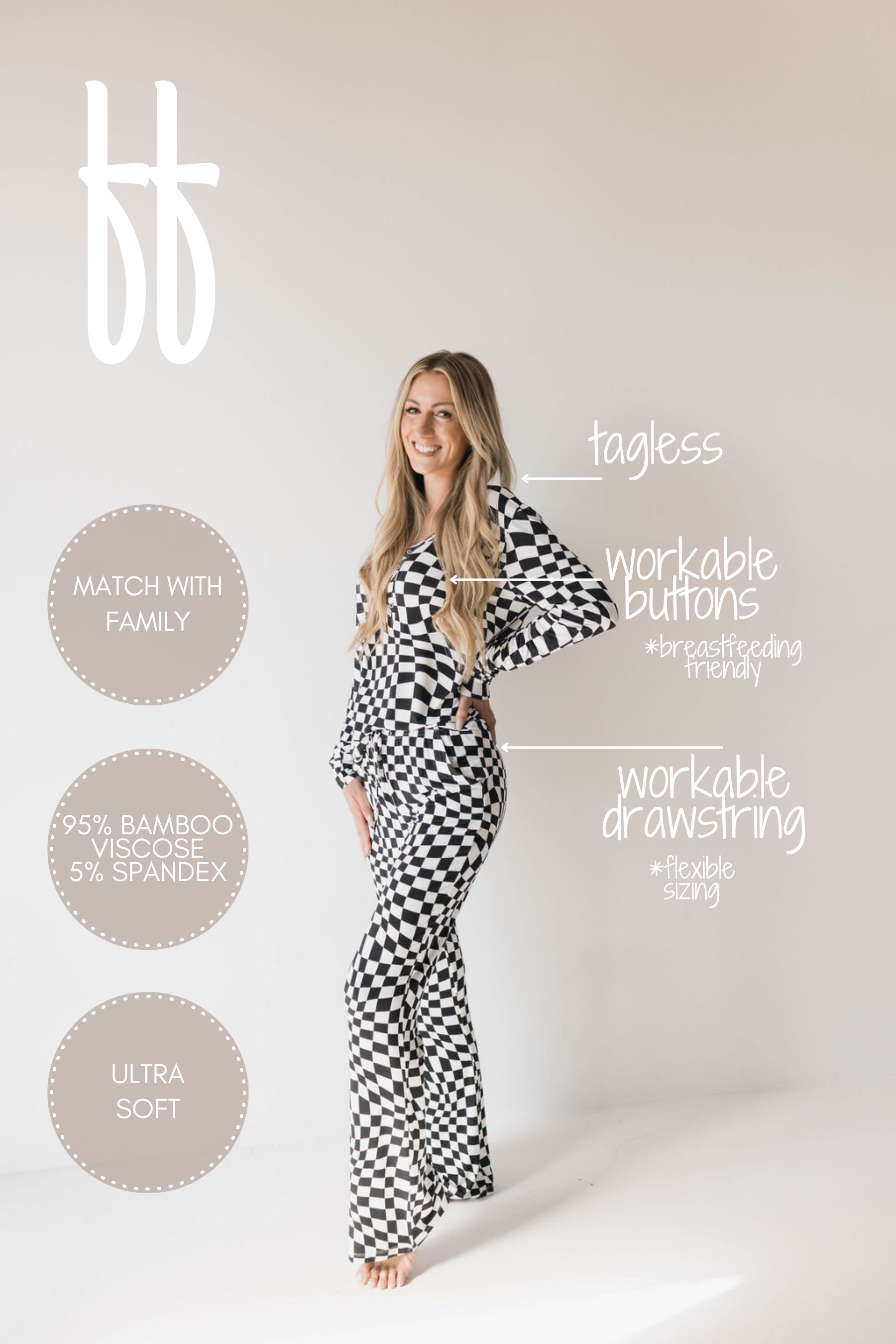 Black & White Wavy Checkerboard | Women's Bamboo Pajamas | Milk & Baby