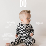 Black & White Wavy Checkerboard | Bamboo Zip Pajamas | Milk & Baby