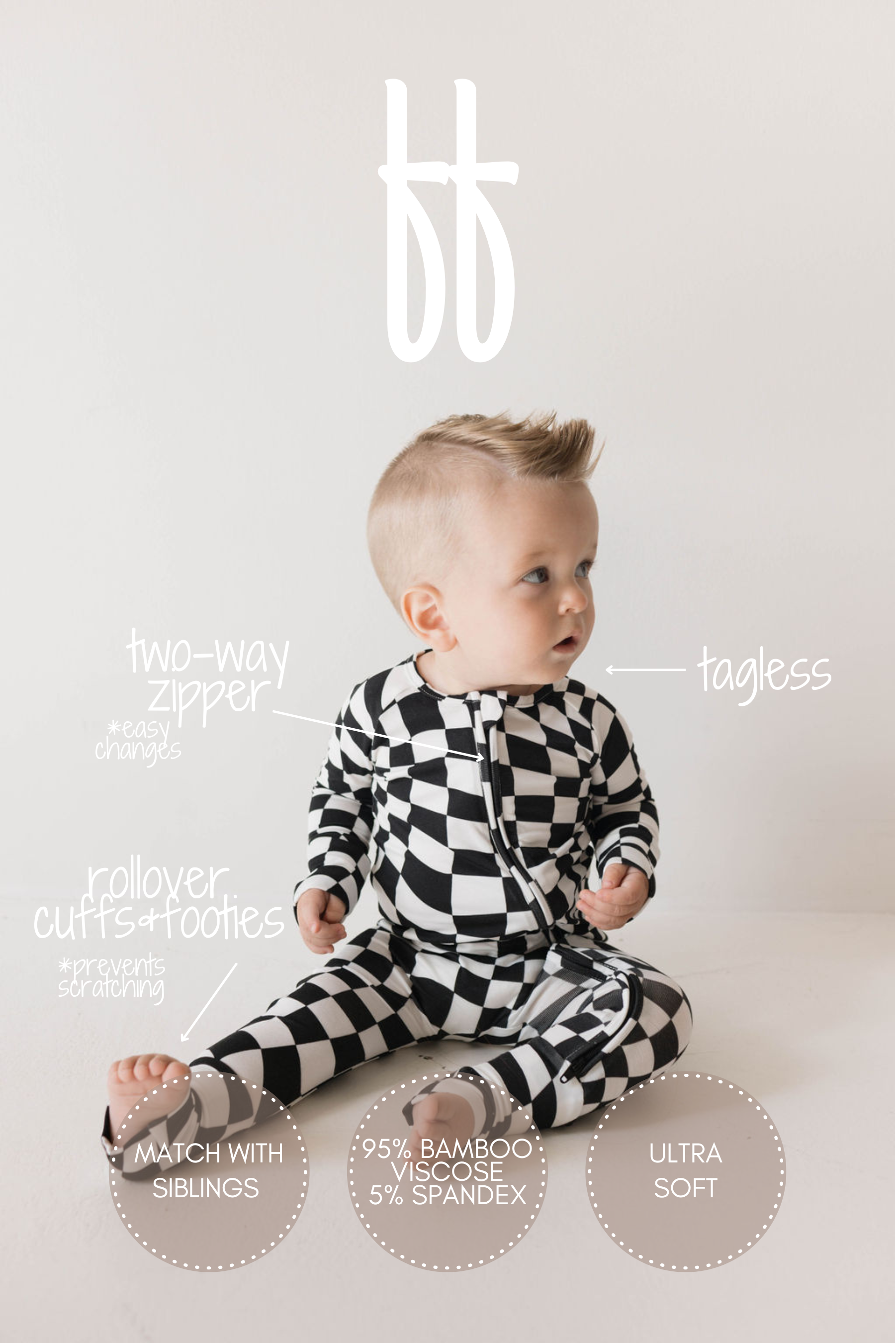 Black & White Wavy Checkerboard | Bamboo Zip Pajamas | Milk & Baby