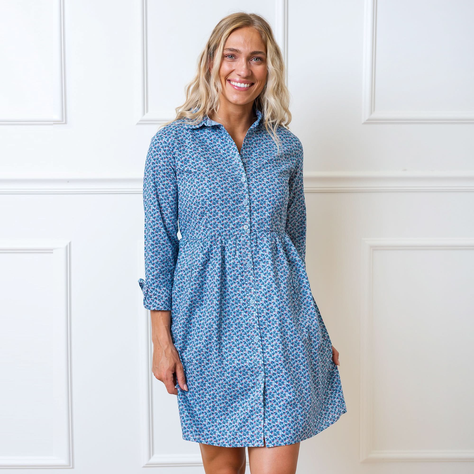 ditsy floral shirt dress Elegant Ditsy Floral Shirt Dress With Lapel Neckline And Short Sleeves In Linen Fabric For Casual Wear