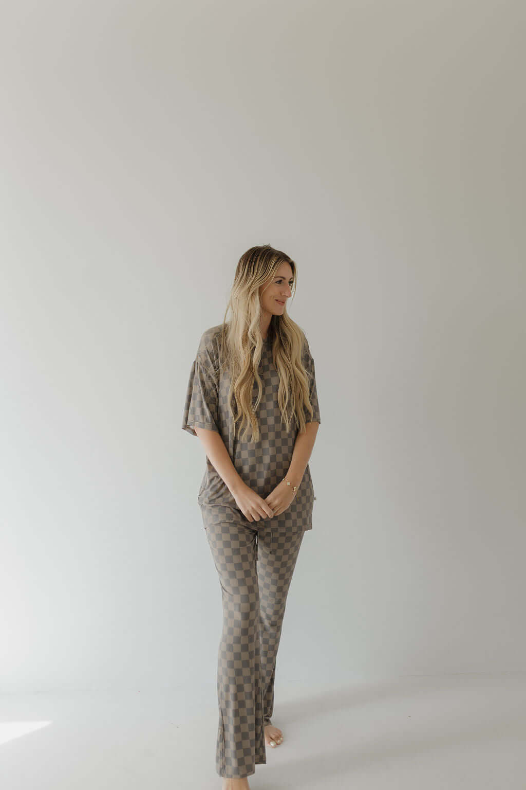 Faded Brown Checkerboard | Short Sleeve Women's Bamboo Pajama | Milk & Baby