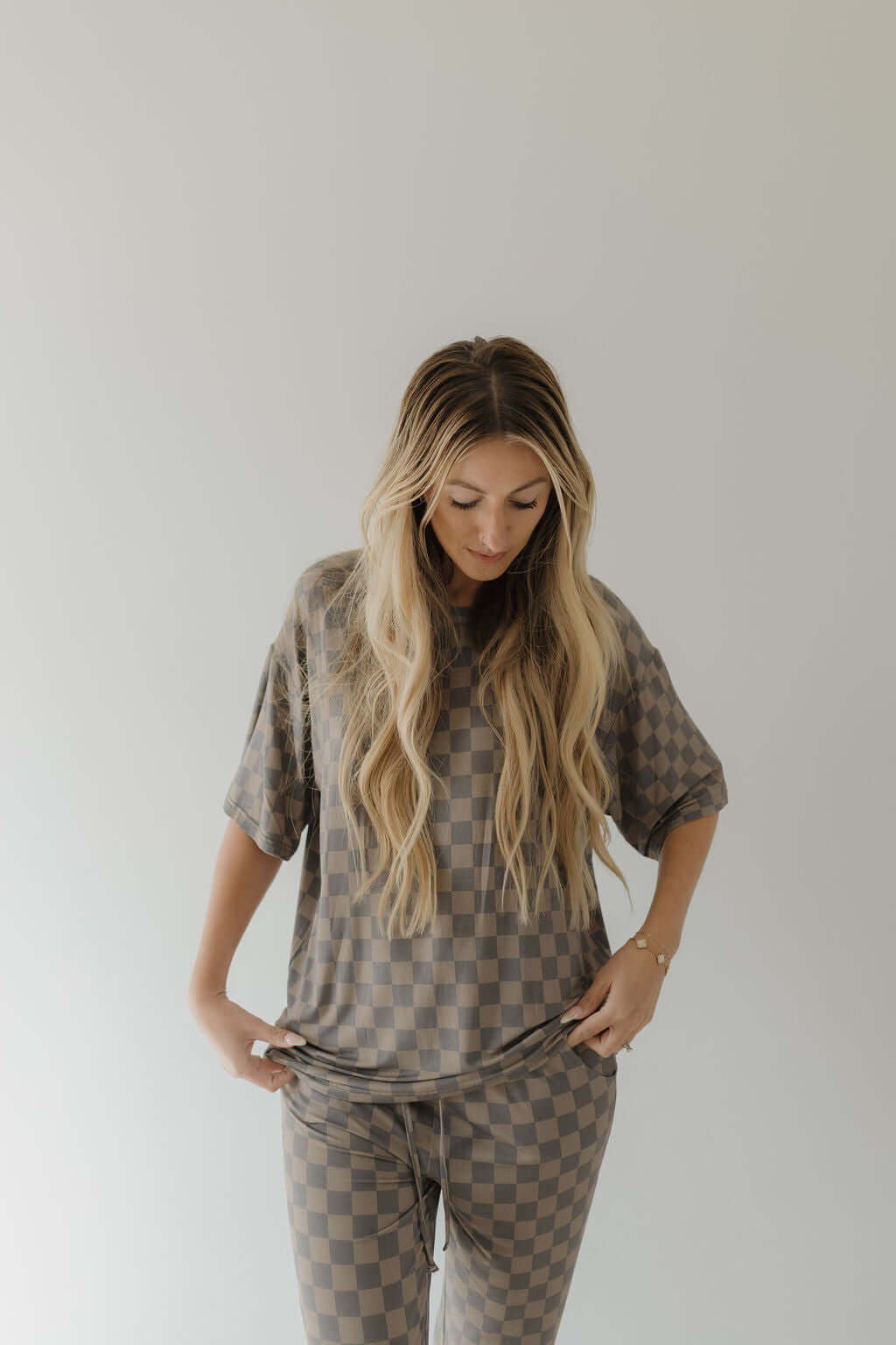 Faded Brown Checkerboard | Short Sleeve Women's Bamboo Pajama | Milk & Baby