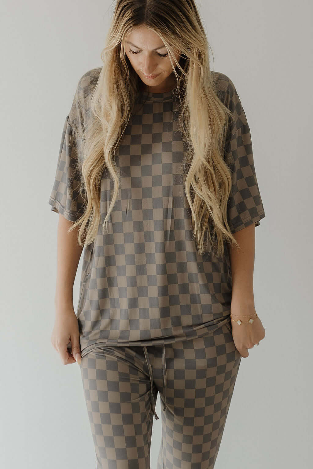 Faded Brown Checkerboard | Short Sleeve Women's Bamboo Pajama | Milk & Baby