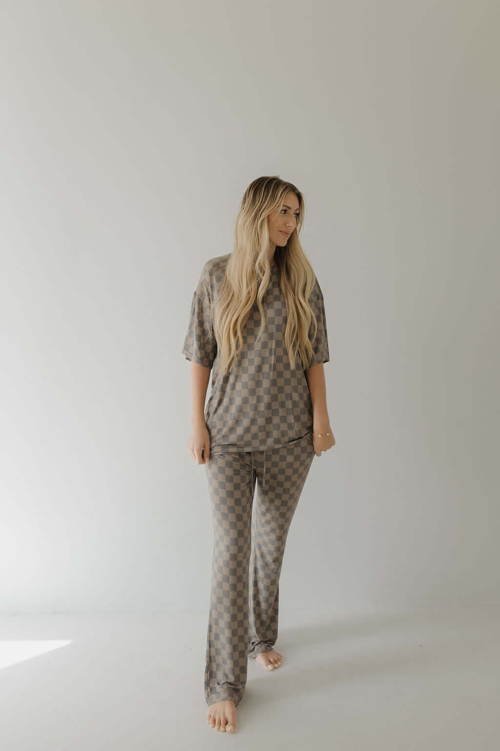 Faded Brown Checkerboard | Short Sleeve Women's Bamboo Pajama | Milk & Baby