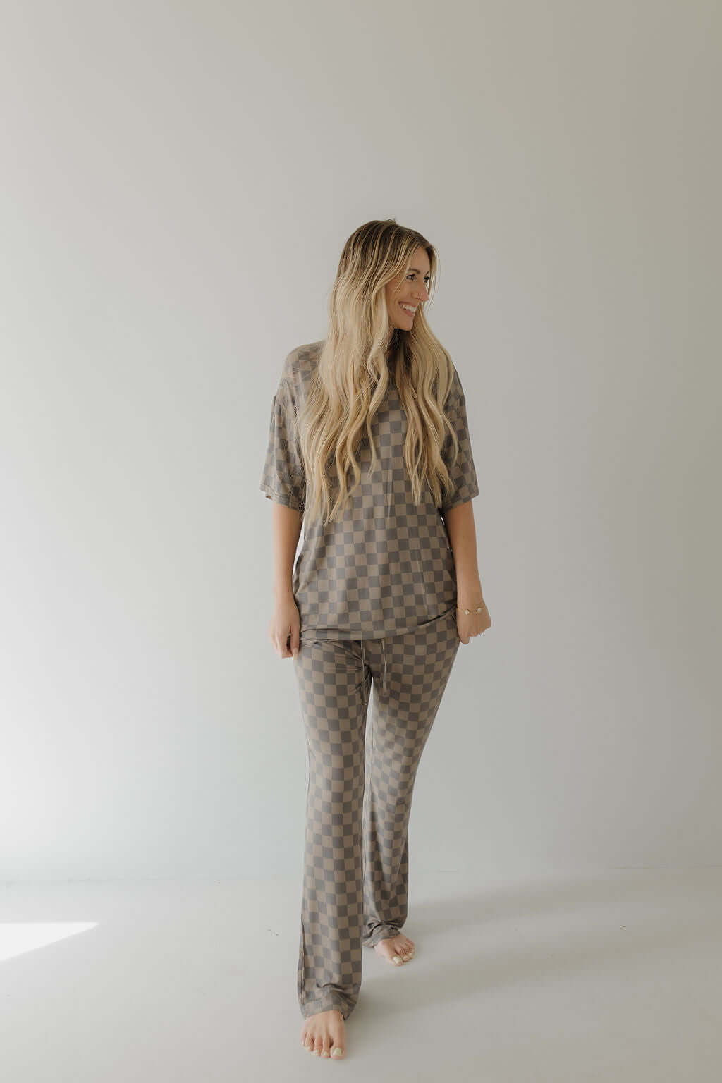 Faded Brown Checkerboard | Short Sleeve Women's Bamboo Pajama | Milk & Baby
