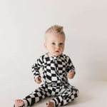 Black & White Wavy Checkerboard | Bamboo Zip Pajamas | Milk & Baby
