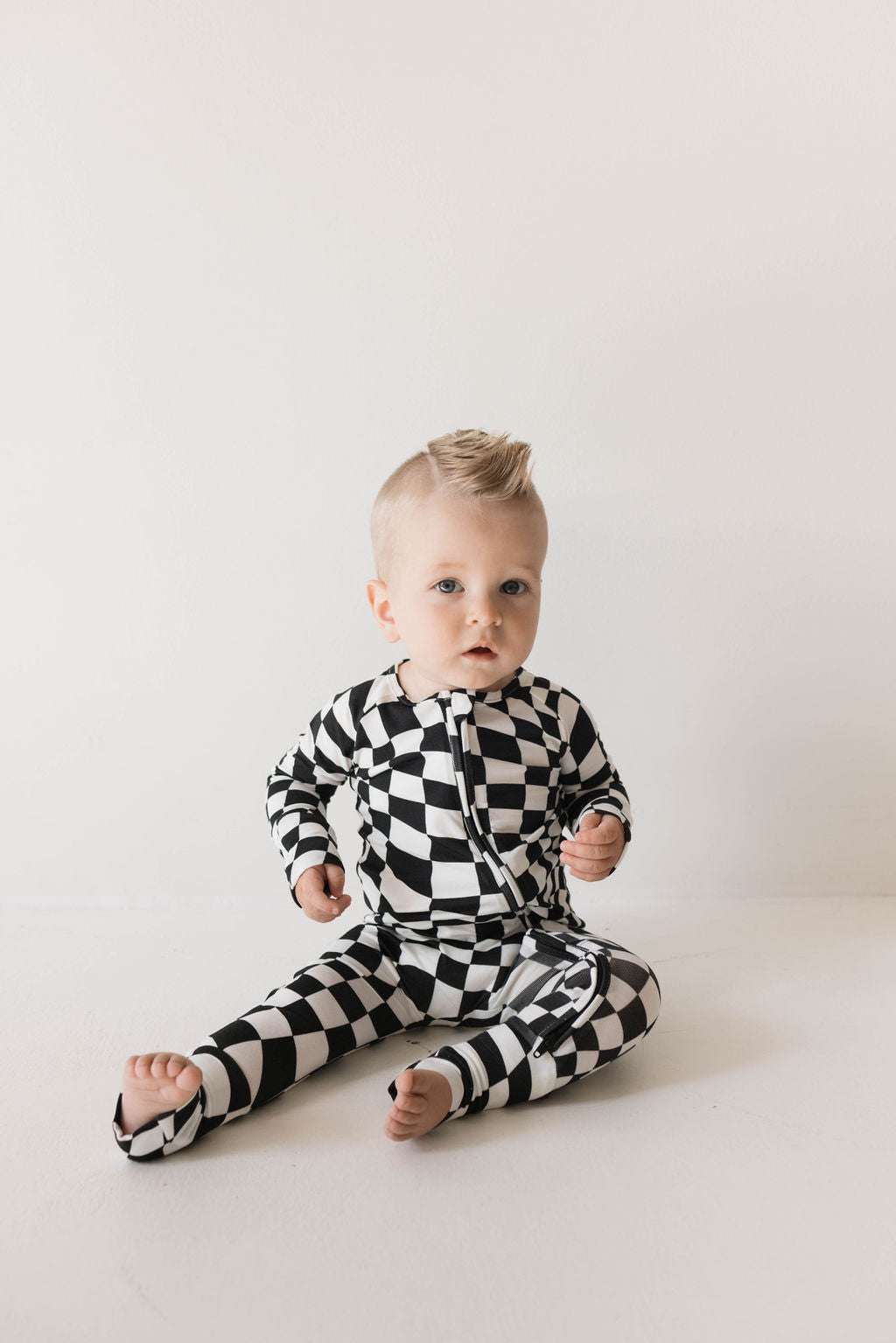 Black & White Wavy Checkerboard | Bamboo Zip Pajamas | Milk & Baby