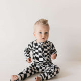 Black & White Wavy Checkerboard | Bamboo Zip Pajamas | Milk & Baby