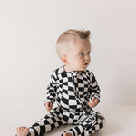 Black & White Wavy Checkerboard | Bamboo Zip Pajamas | Milk & Baby