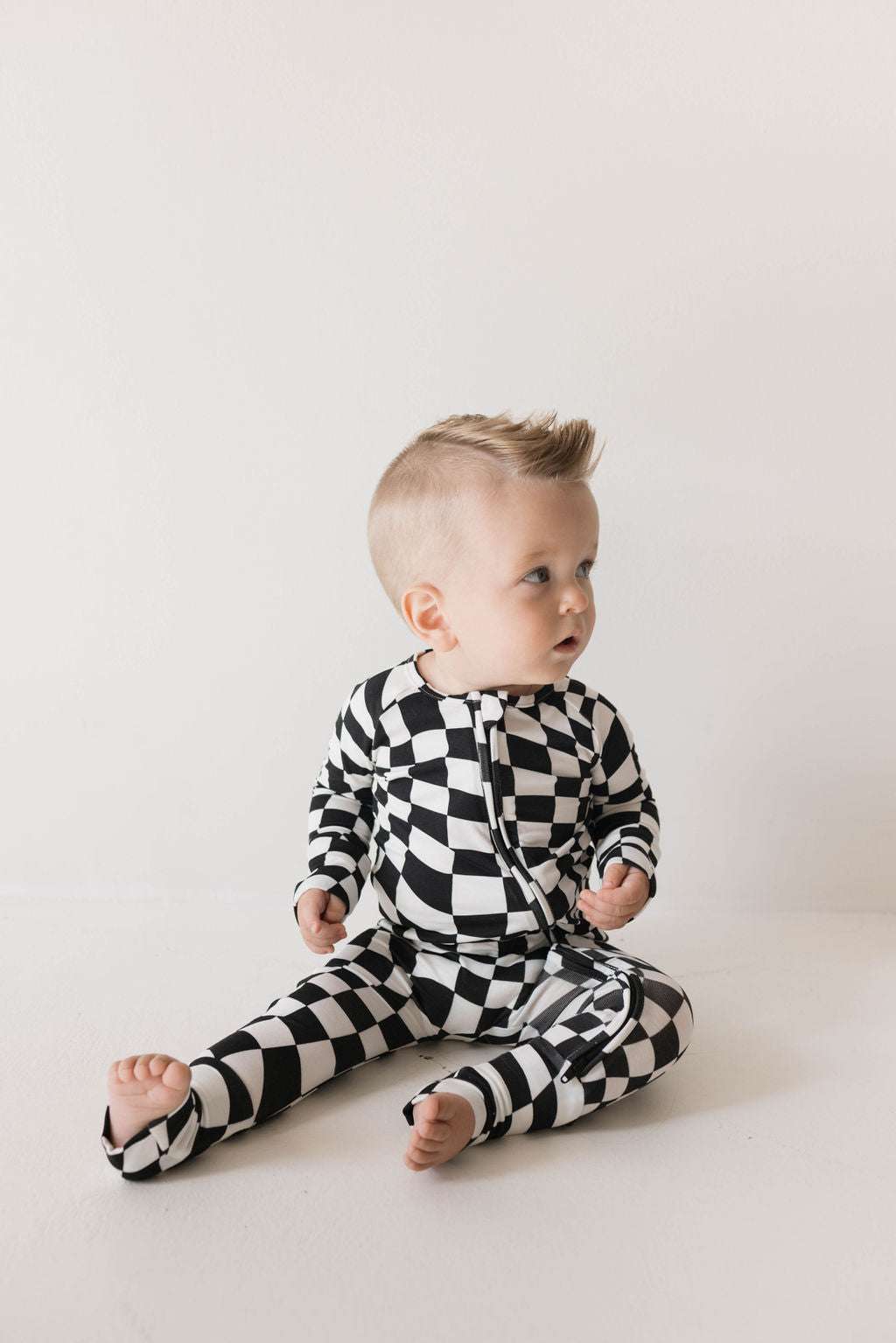 Black & White Wavy Checkerboard | Bamboo Zip Pajamas | Milk & Baby