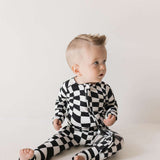 Black & White Wavy Checkerboard | Bamboo Zip Pajamas | Milk & Baby