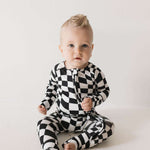 Black & White Wavy Checkerboard | Bamboo Zip Pajamas | Milk & Baby