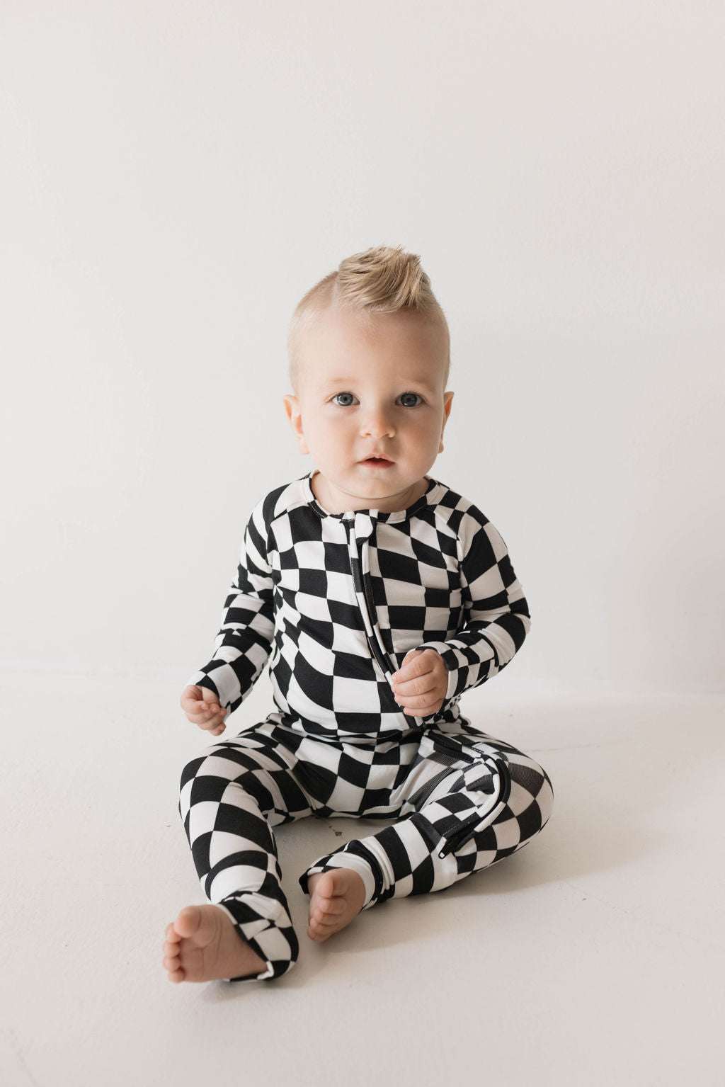 Black & White Wavy Checkerboard | Bamboo Zip Pajamas | Milk & Baby