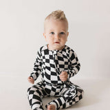 Black & White Wavy Checkerboard | Bamboo Zip Pajamas | Milk & Baby