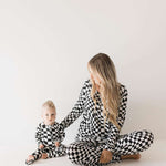 Black & White Wavy Checkerboard | Bamboo Zip Pajamas | Milk & Baby
