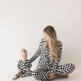 Black & White Wavy Checkerboard | Bamboo Zip Pajamas | Milk & Baby