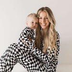 Black & White Wavy Checkerboard | Bamboo Zip Pajamas | Milk & Baby