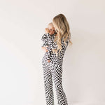 Black & White Wavy Checkerboard | Bamboo Zip Pajamas | Milk & Baby