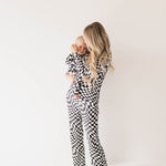Black & White Wavy Checkerboard | Women's Bamboo Pajamas | Milk & Baby
