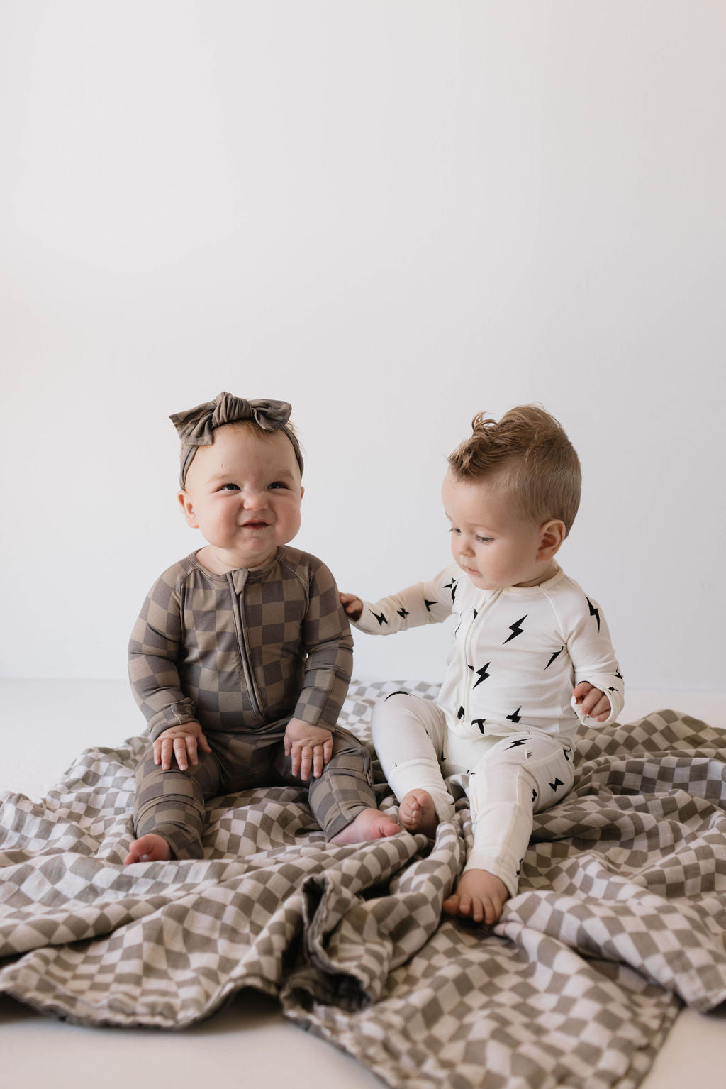 Faded Brown Checkerboard | Bamboo Zip Pajamas | Milk & Baby