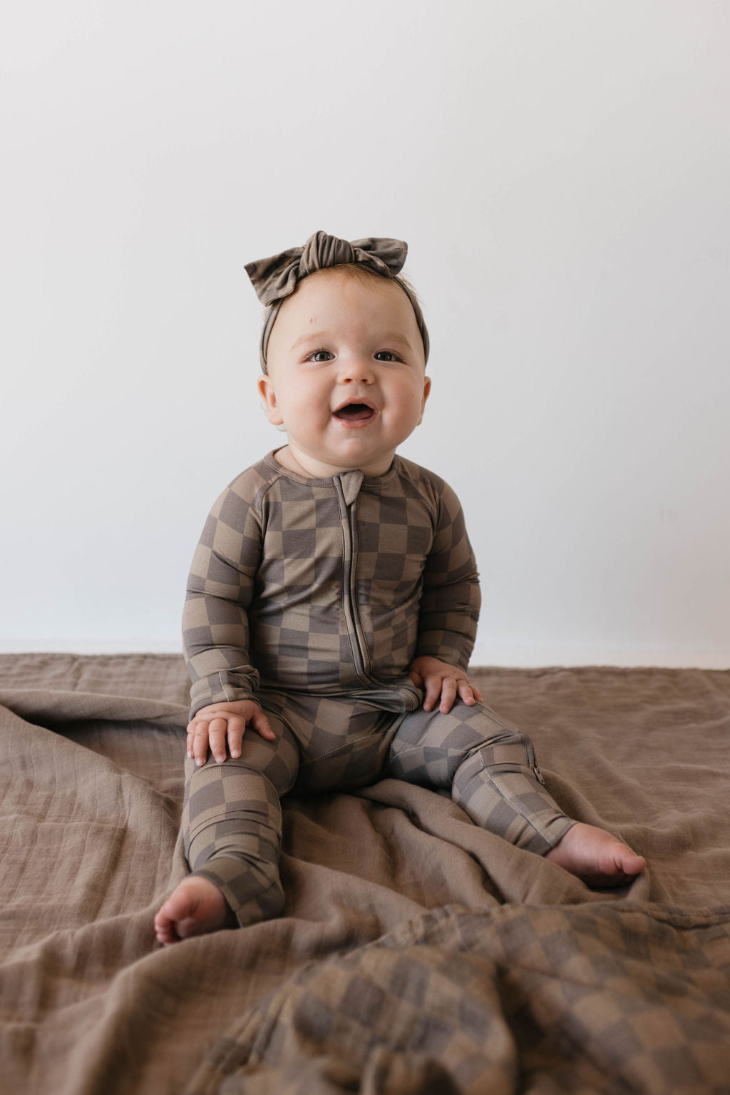 Faded Brown Checkerboard | Bamboo Zip Pajamas | Milk & Baby