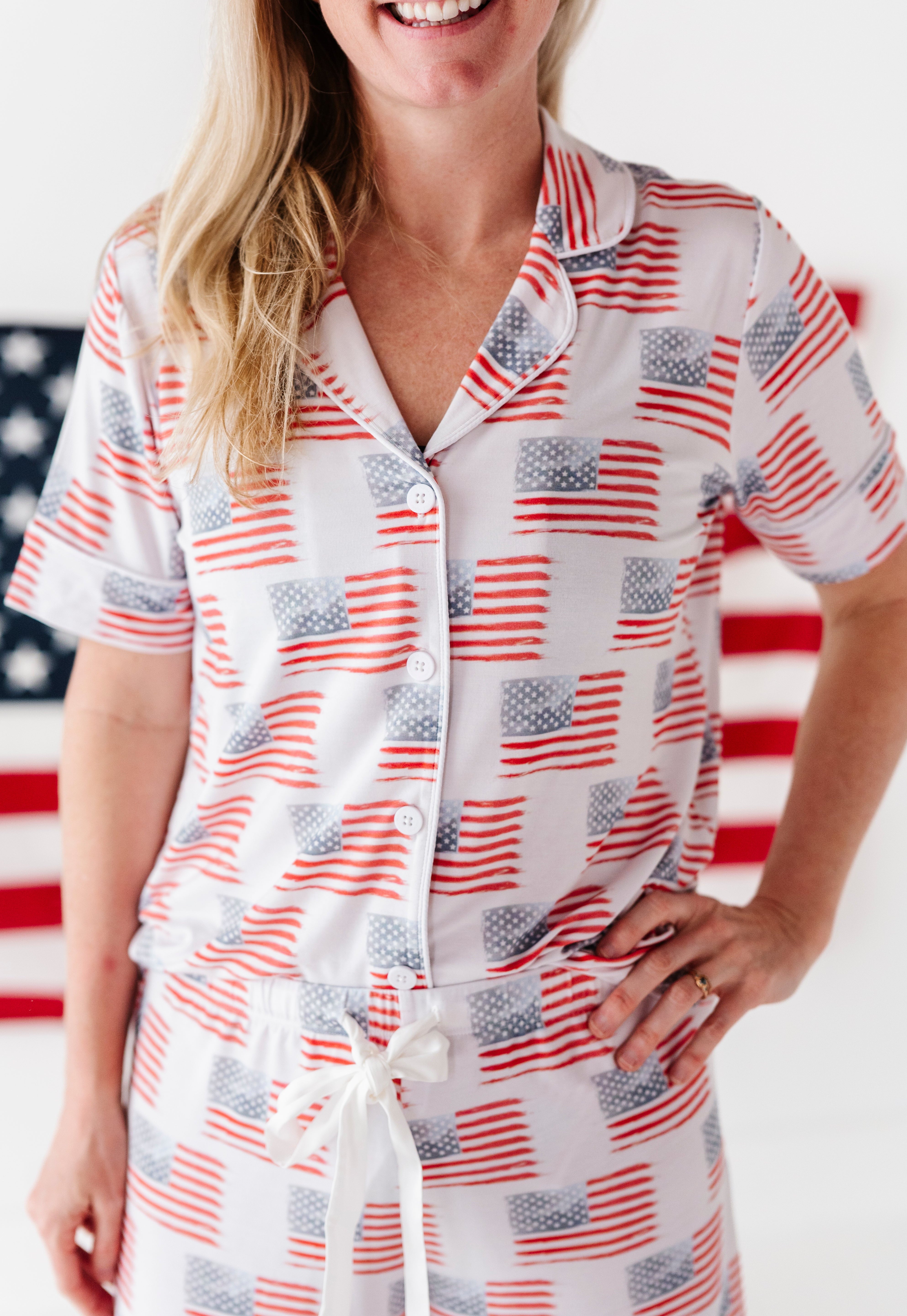American Flag Women’s Button Down Short Set | Milk & Baby