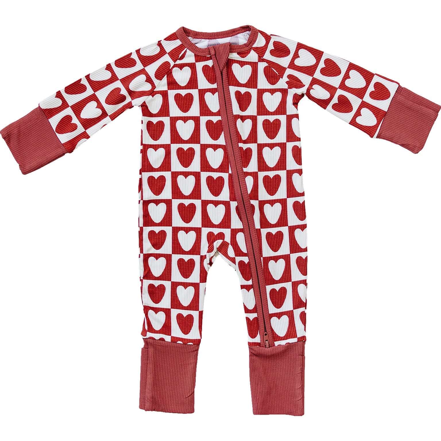 Checkered Hearts Ribbed Bamboo Zipper | Milk & Baby