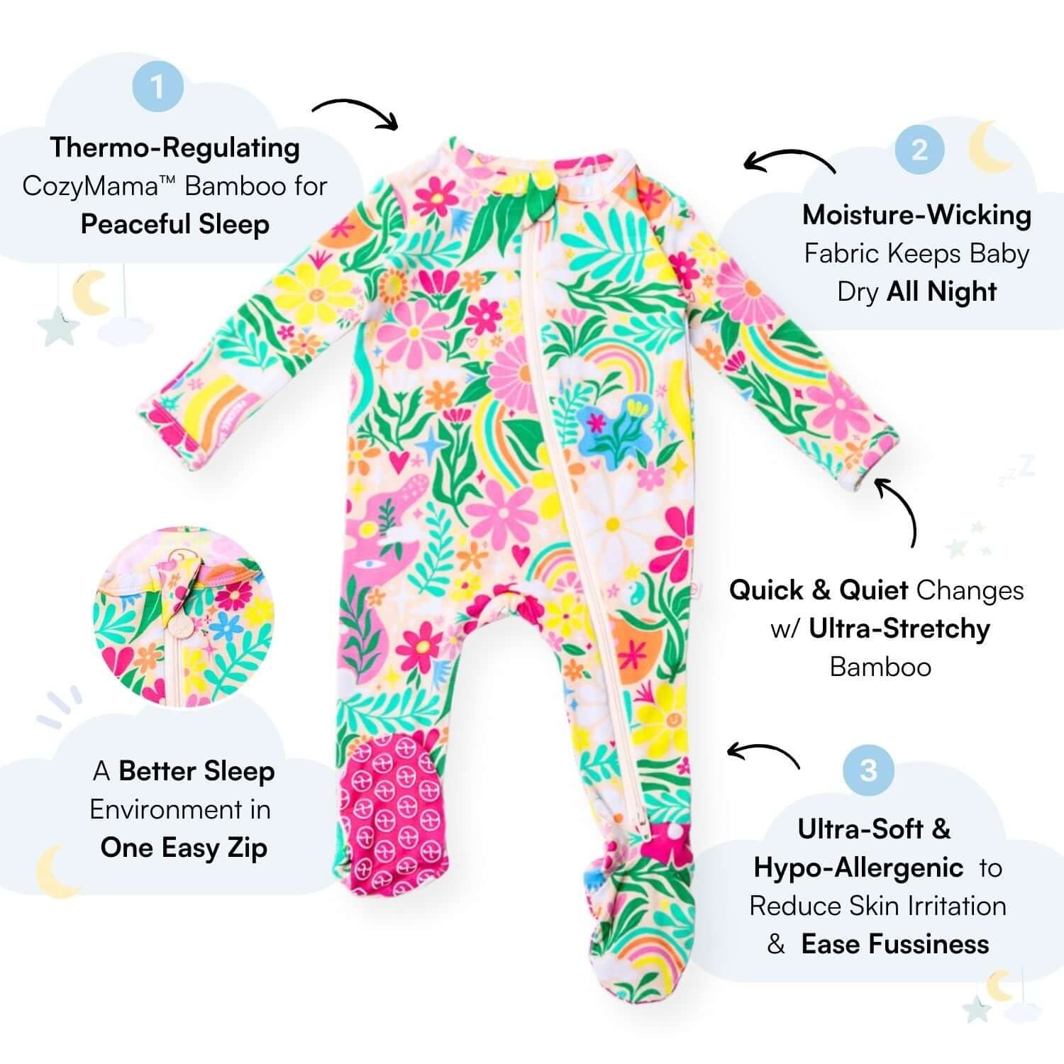 Rainbow Daisy Babe | Bamboo Footie Onesie Sleeper | "Patience & Kindness" | Milk & Baby