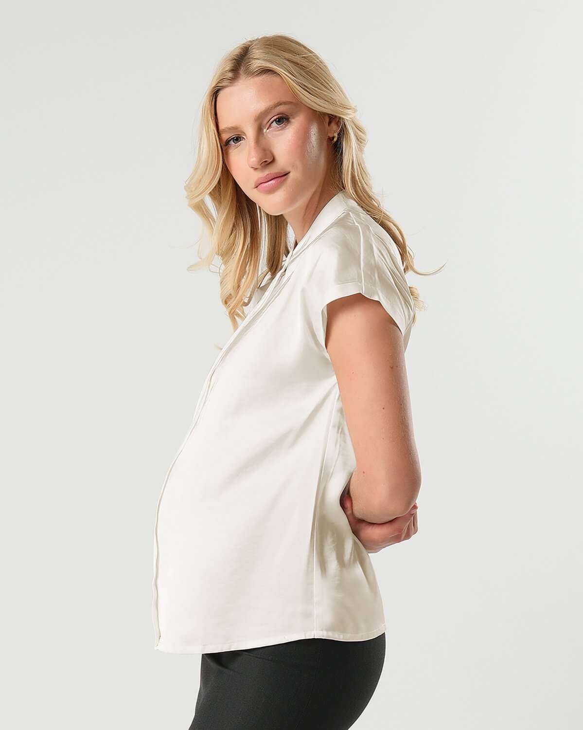 Short Sleeve Satin Maternity Shell Top with Concealed Nursing Zip | Milk & Baby