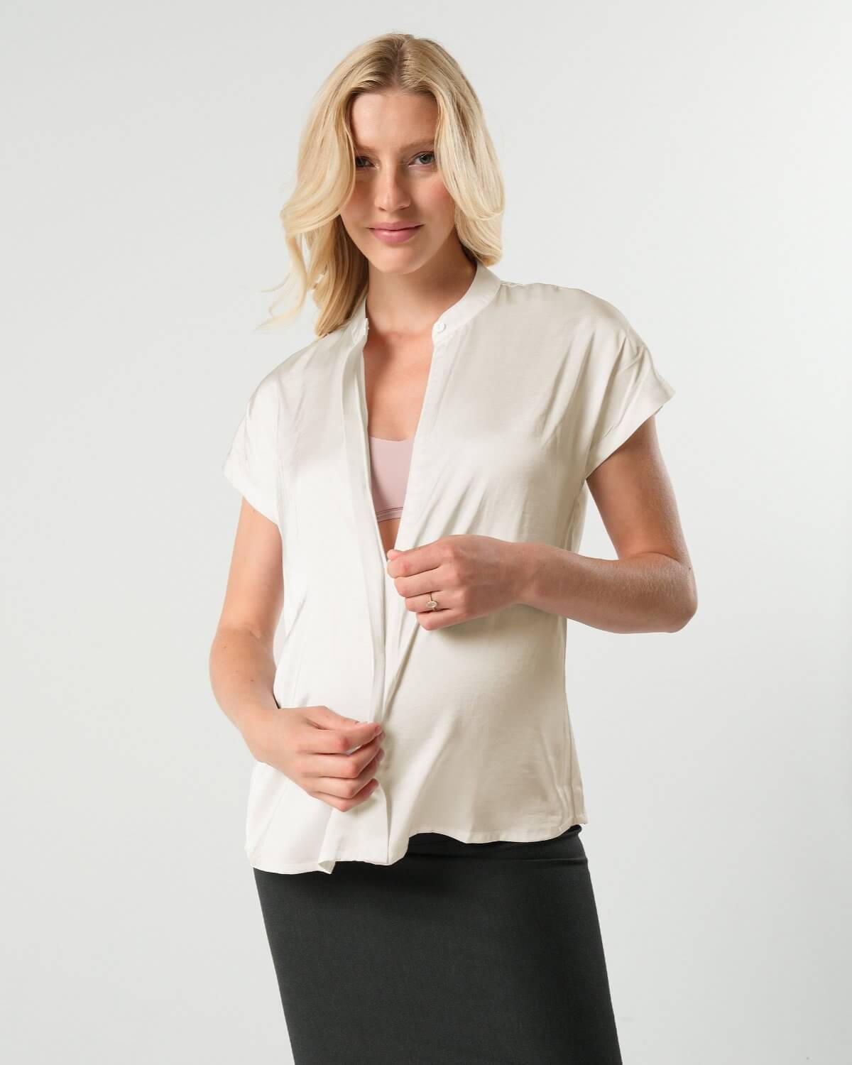 Short Sleeve Satin Maternity Shell Top with Concealed Nursing Zip | Milk & Baby