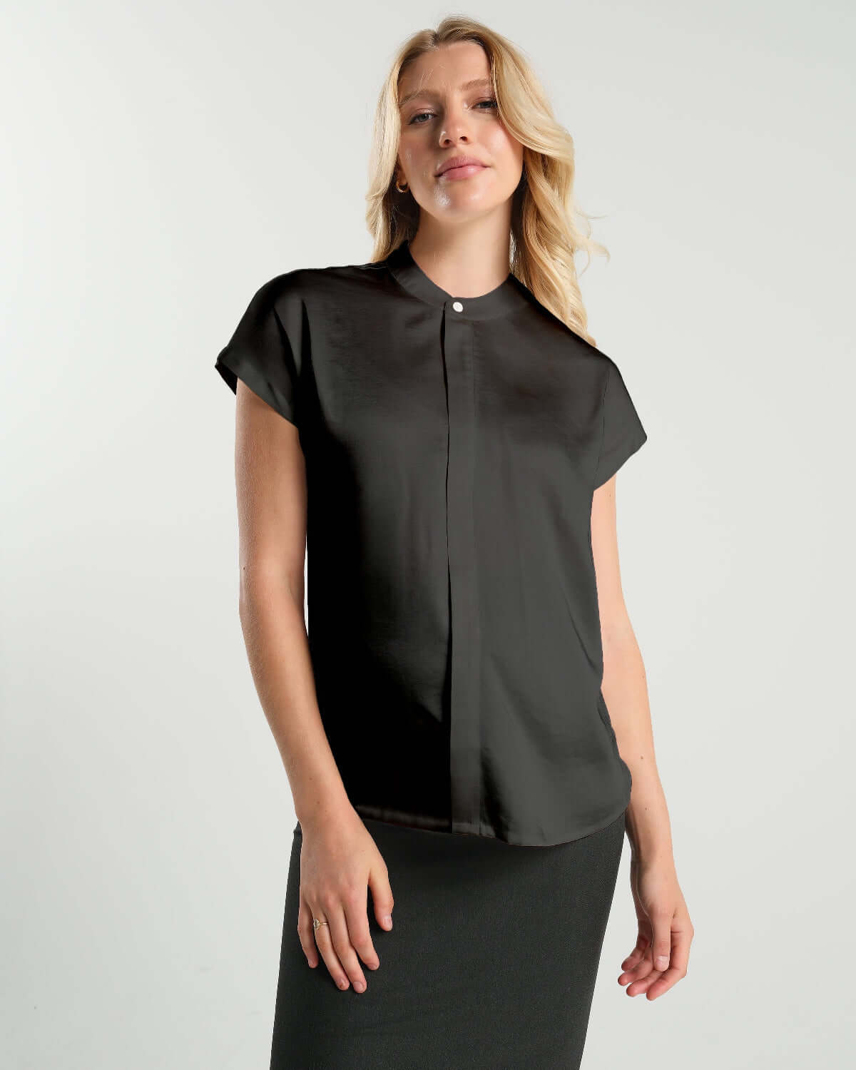 Short Sleeve Satin Maternity Shell Top with Concealed Nursing Zip | Milk & Baby