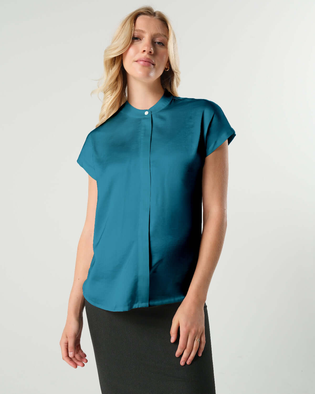 Short Sleeve Satin Maternity Shell Top with Concealed Nursing Zip | Milk & Baby