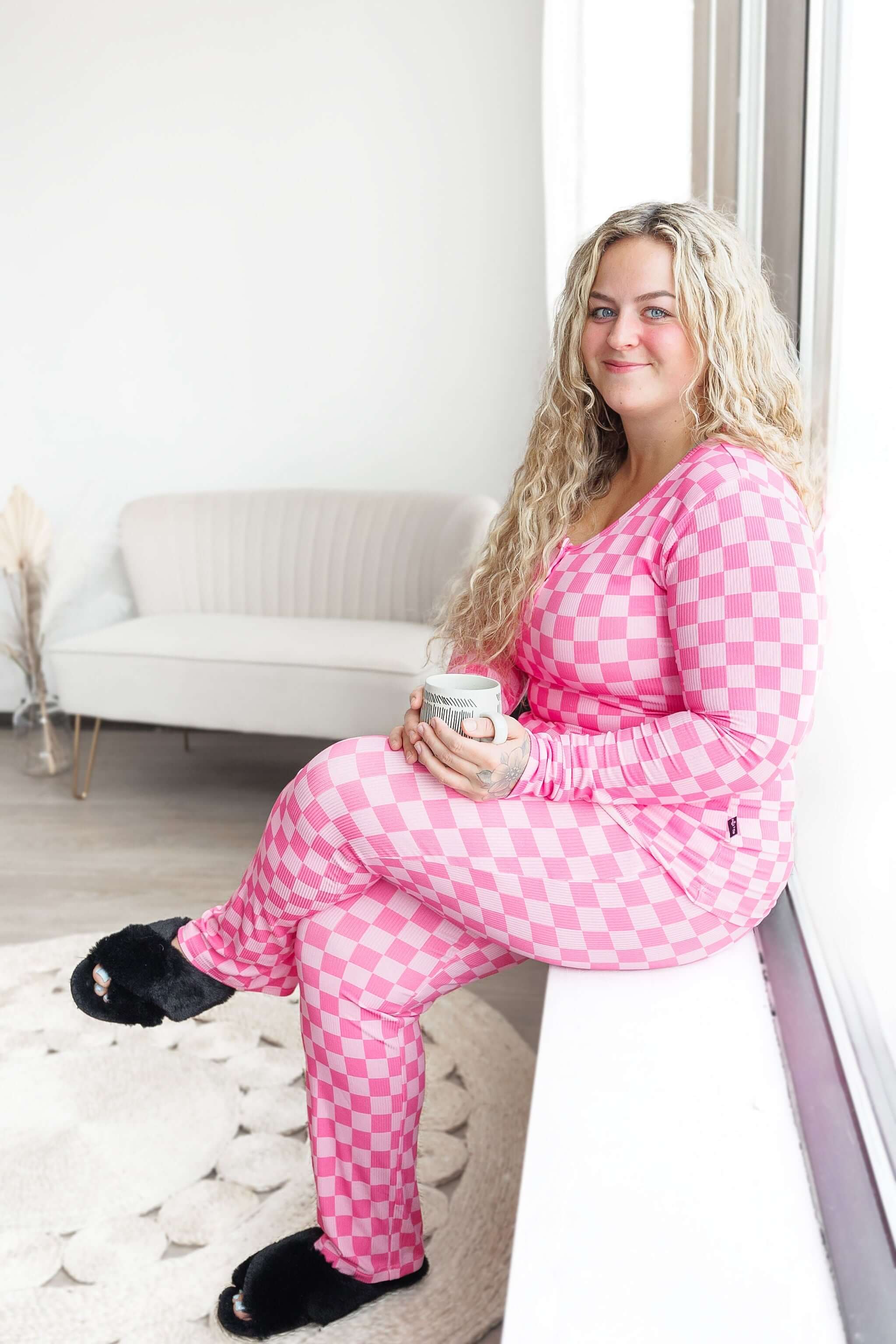 Pink Check Ribbed Womens Pajama Set | Milk & Baby