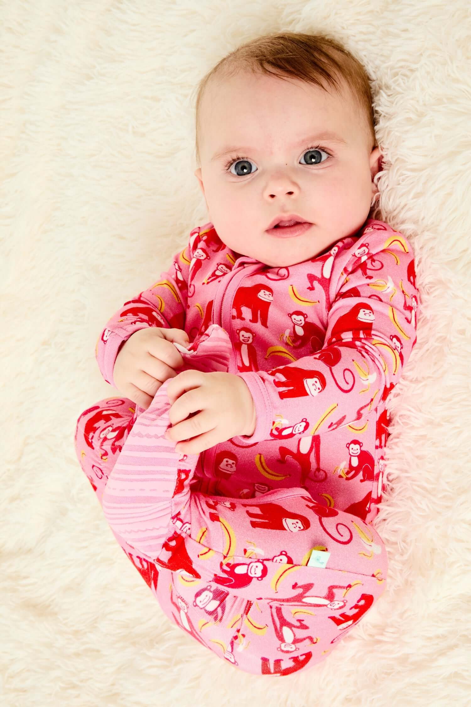 Soft & Stretchy Zipper Footie - Monkeying Around Pink | Milk & Baby