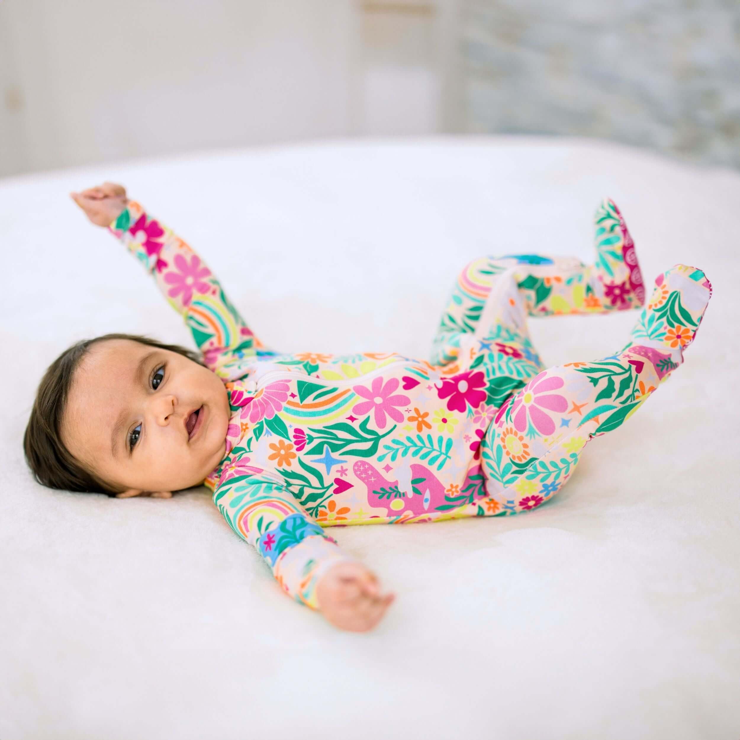 Rainbow Daisy Babe | Bamboo Footie Onesie Sleeper | "Patience & Kindness" | Milk & Baby