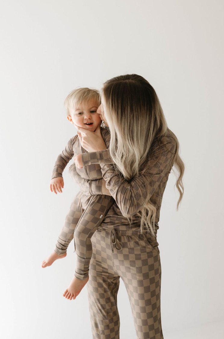 Faded Brown Checkerboard | Bamboo Zip Pajamas | Milk & Baby