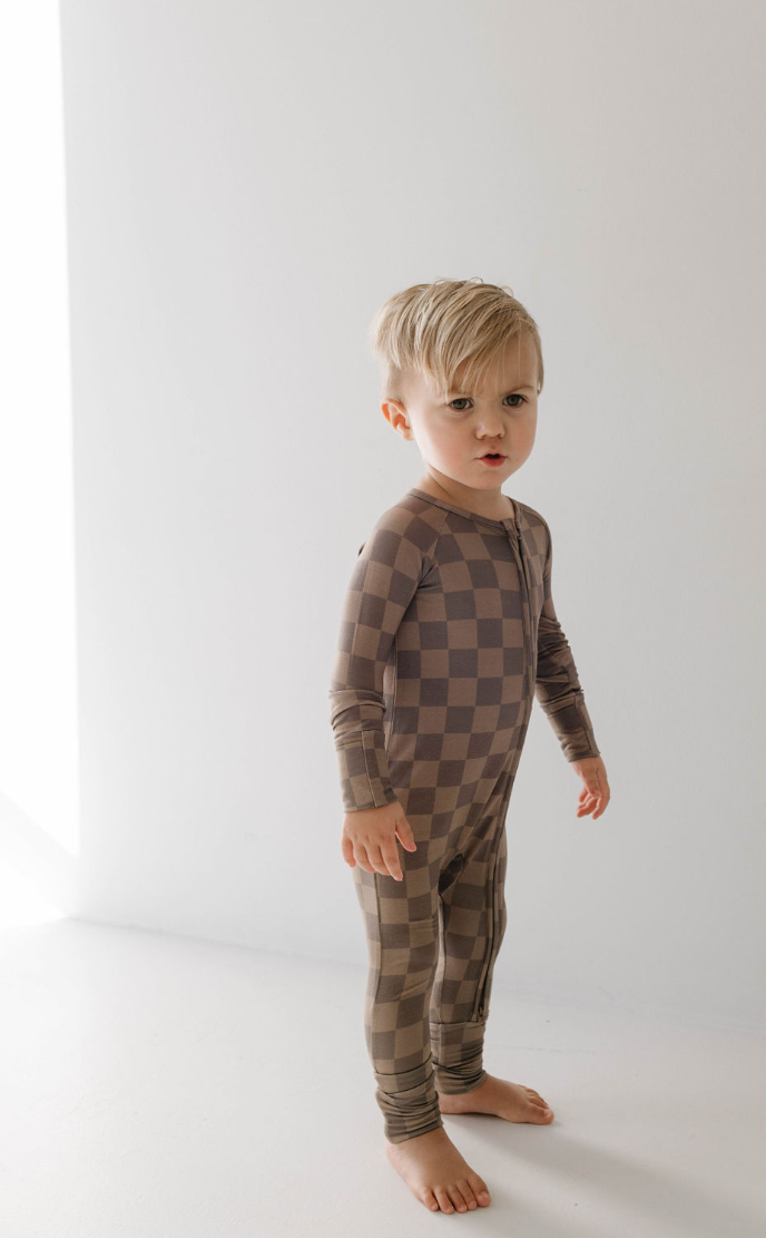 Faded Brown Checkerboard | Bamboo Zip Pajamas | Milk & Baby