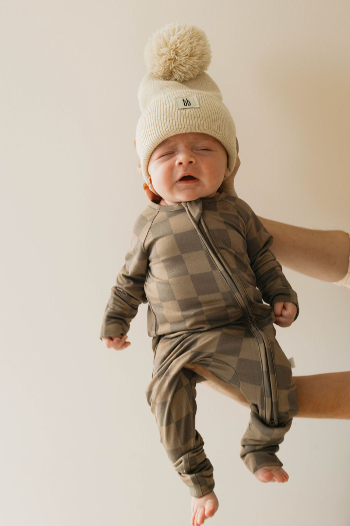 Faded Brown Checkerboard | Bamboo Zip Pajamas | Milk & Baby