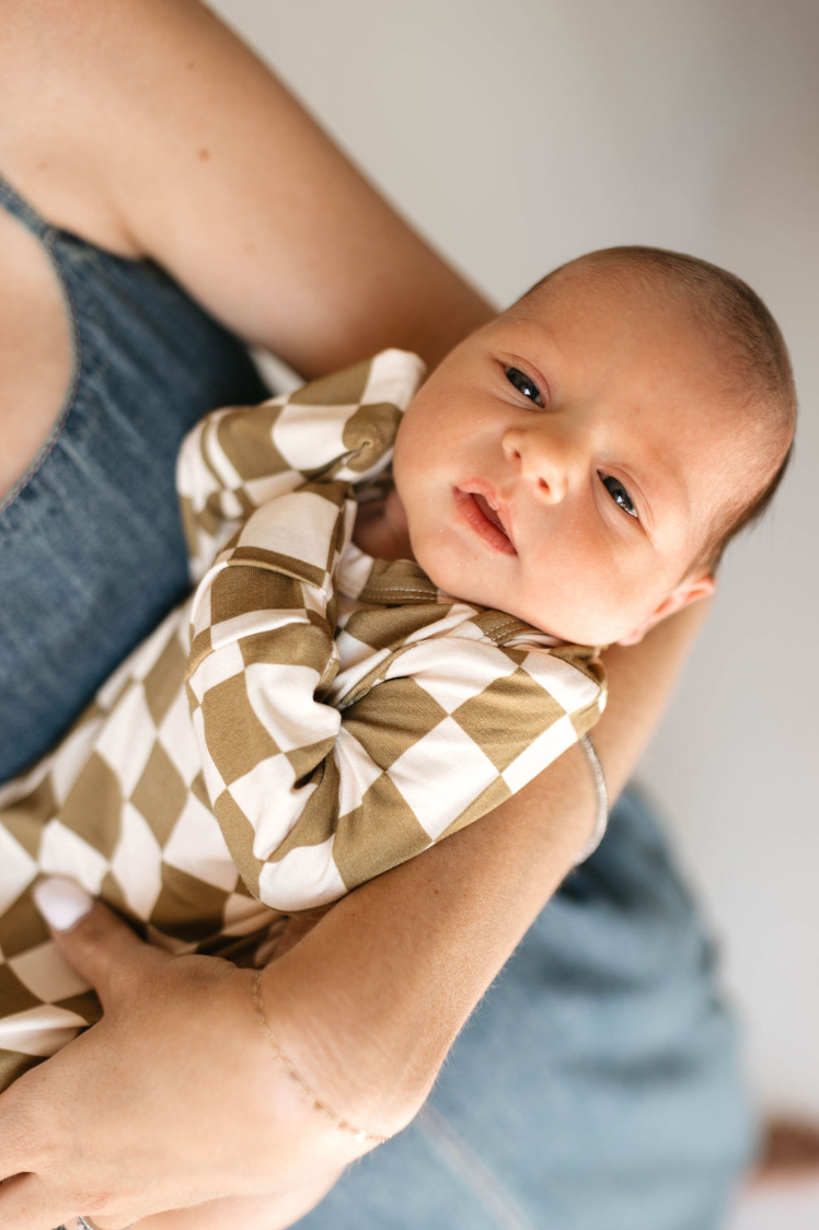 Olive Checkerboard | Bamboo Knotted Gown | Milk & Baby