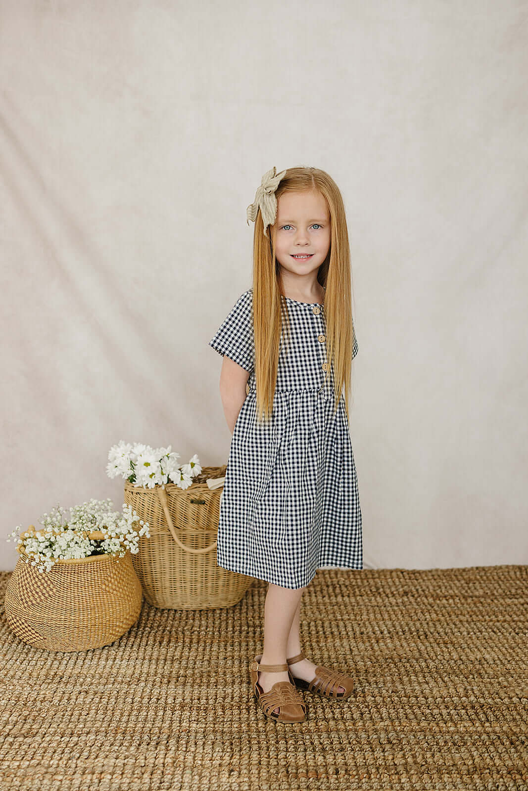Navy Gingham Linen Cotton Dress | Milk & Baby
