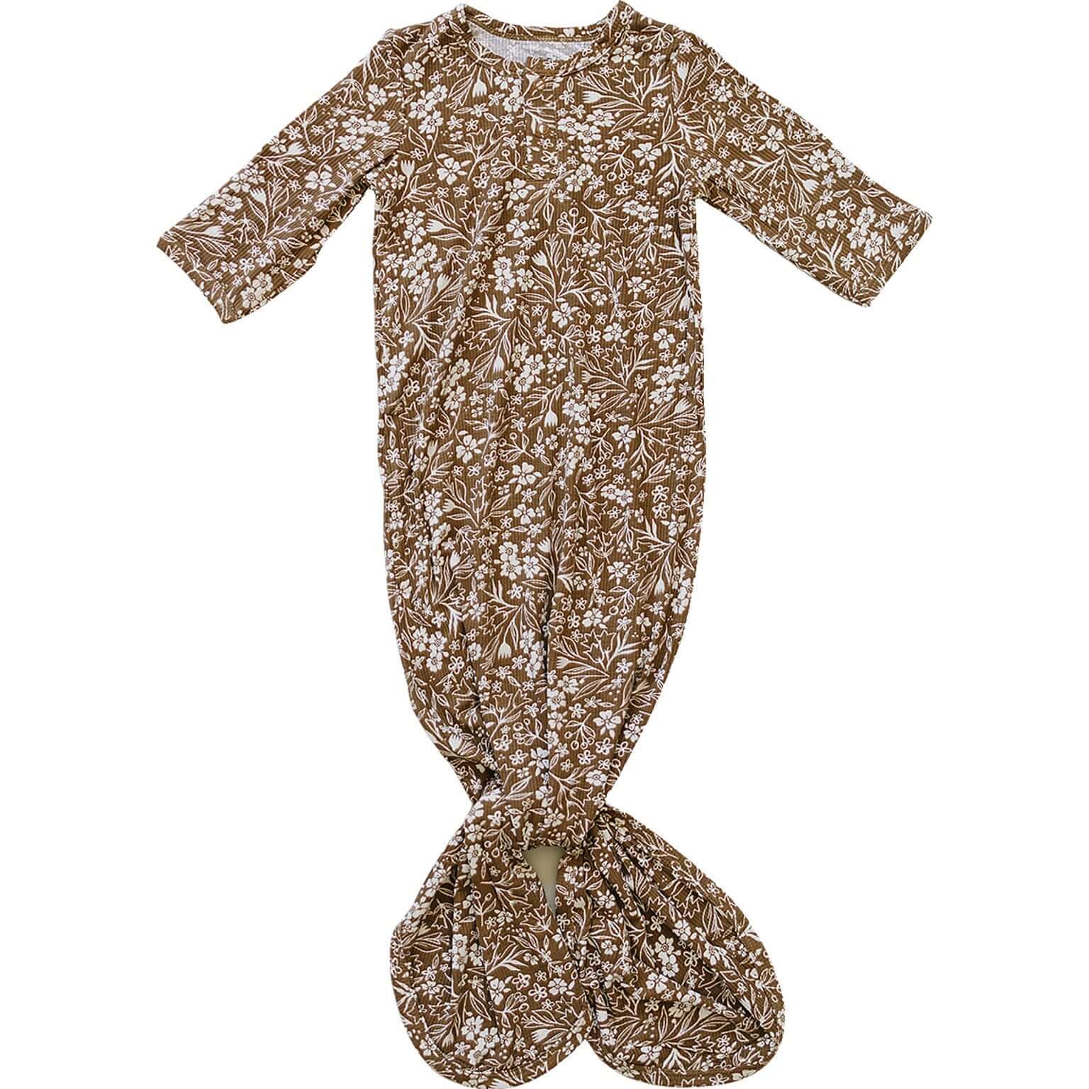Brown Floral Ribbed Bamboo Knot Gown | Milk & Baby