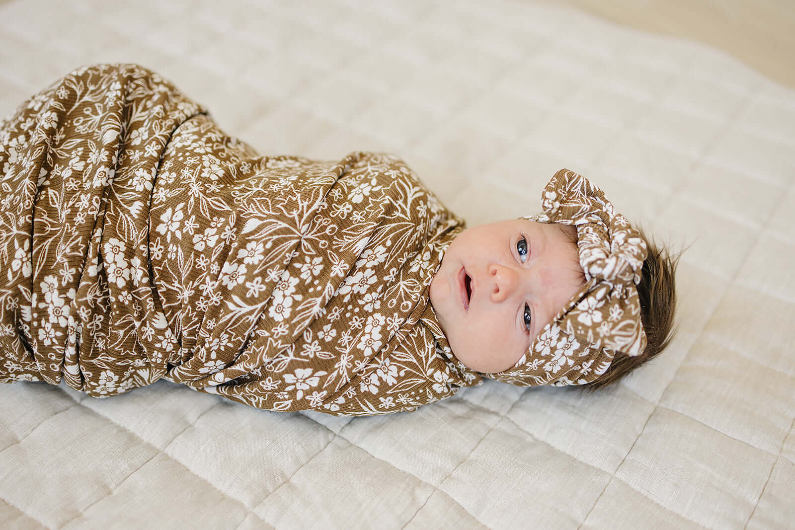 Brown Floral Ribbed Bamboo Stretch Swaddle | Milk & Baby