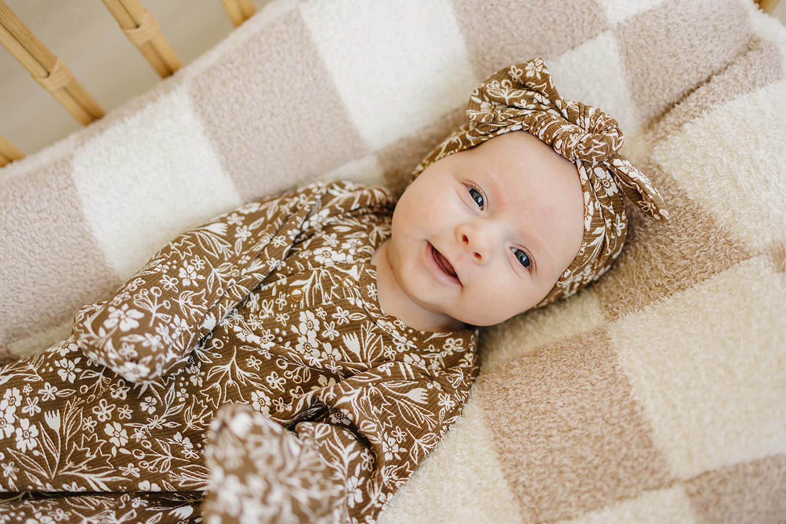 Brown Floral Ribbed Bamboo Knot Gown | Milk & Baby