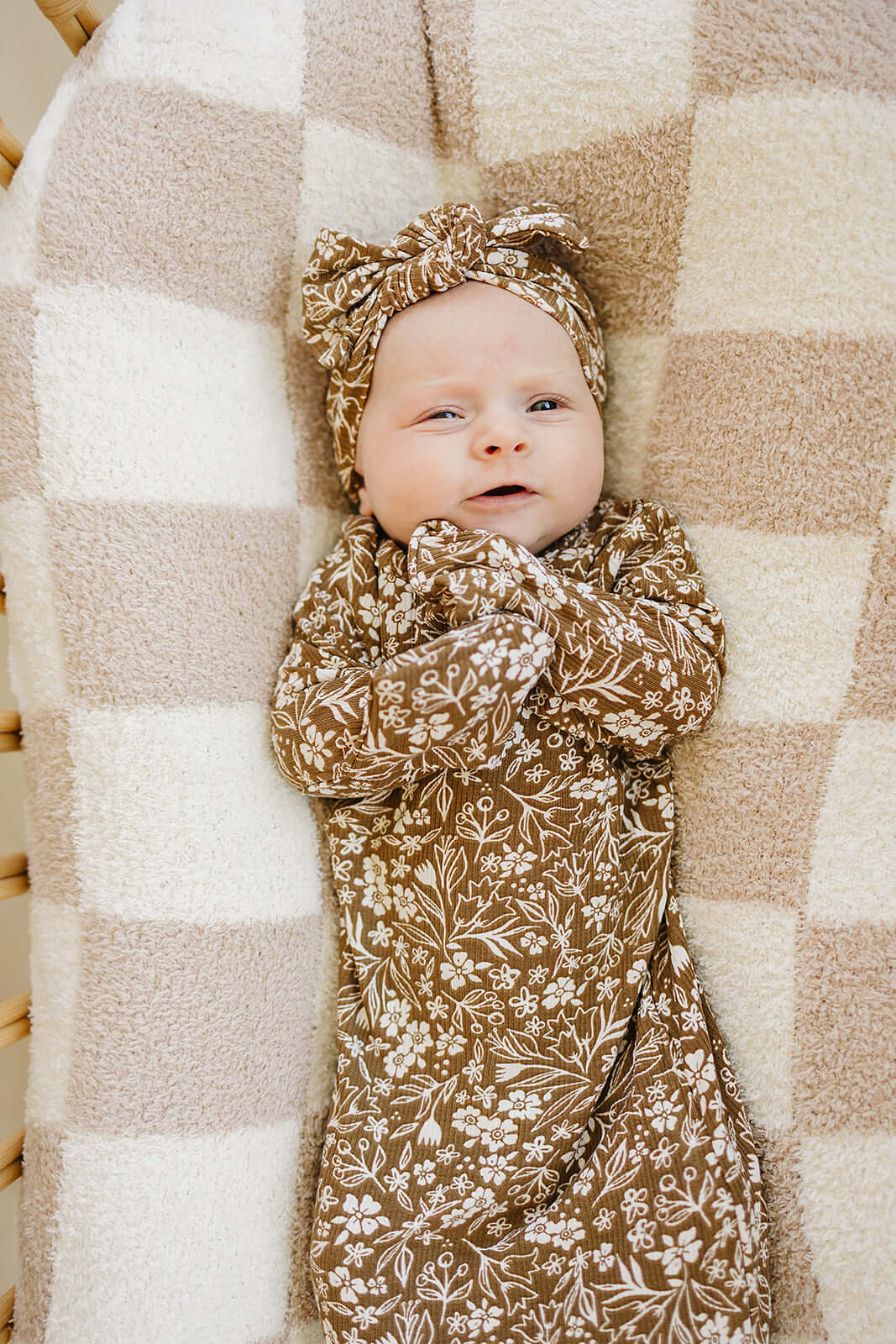 Brown Floral Ribbed Bamboo Knot Gown | Milk & Baby