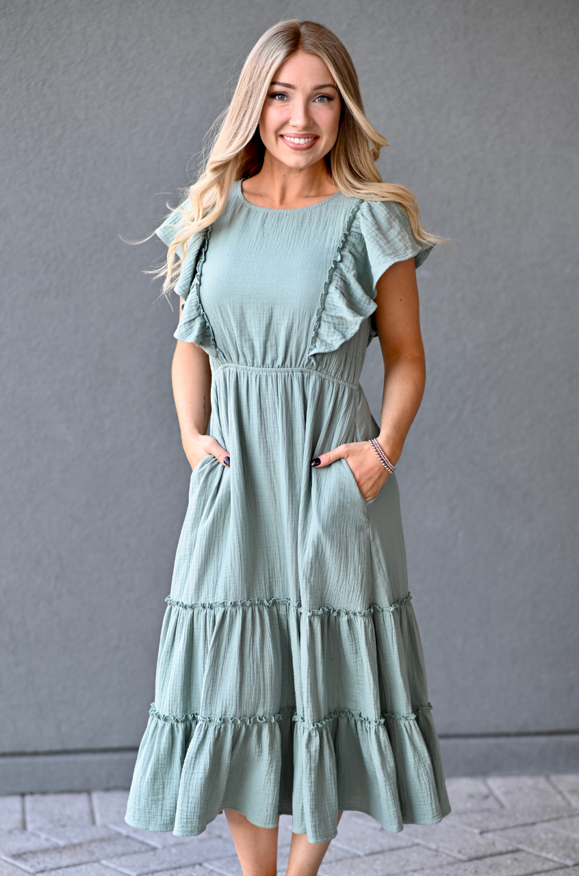 Cotton Gauze Ruffle Midi Dress | Seafoam Green