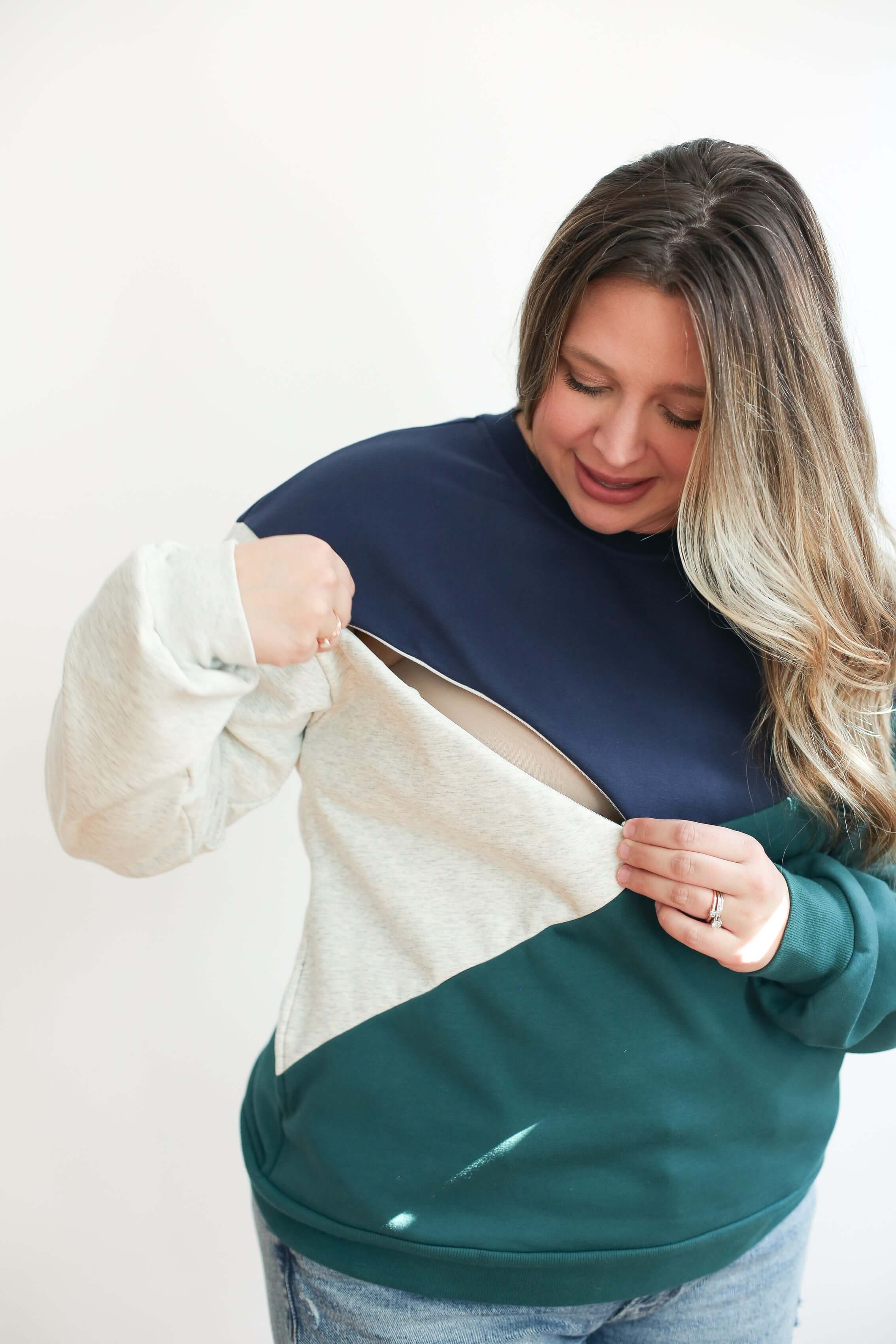 Velour Interior Diagonal Zip Breastfeeding Sweatshirt | Milk & Baby