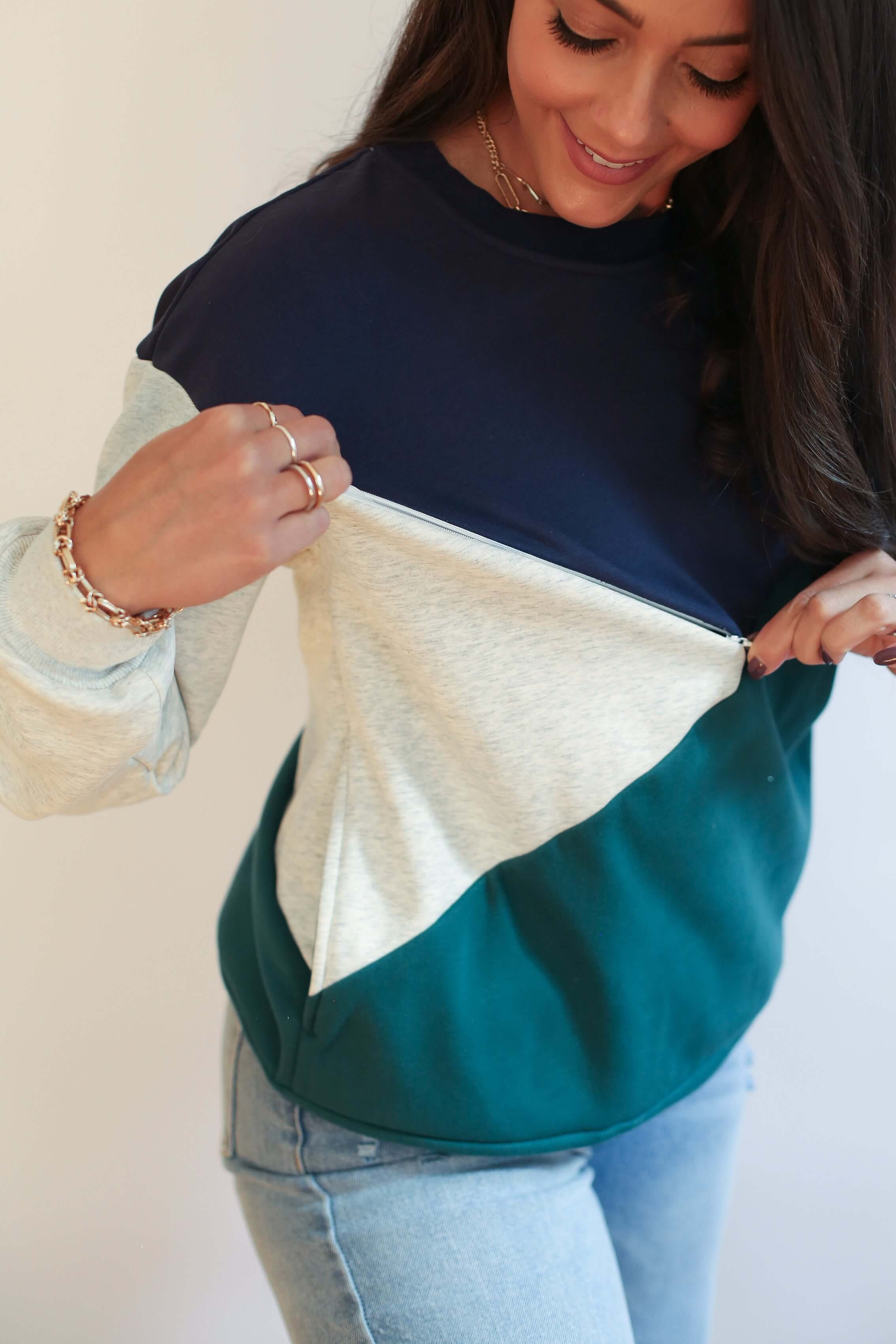 Velour Interior Diagonal Zip Breastfeeding Sweatshirt | Milk & Baby
