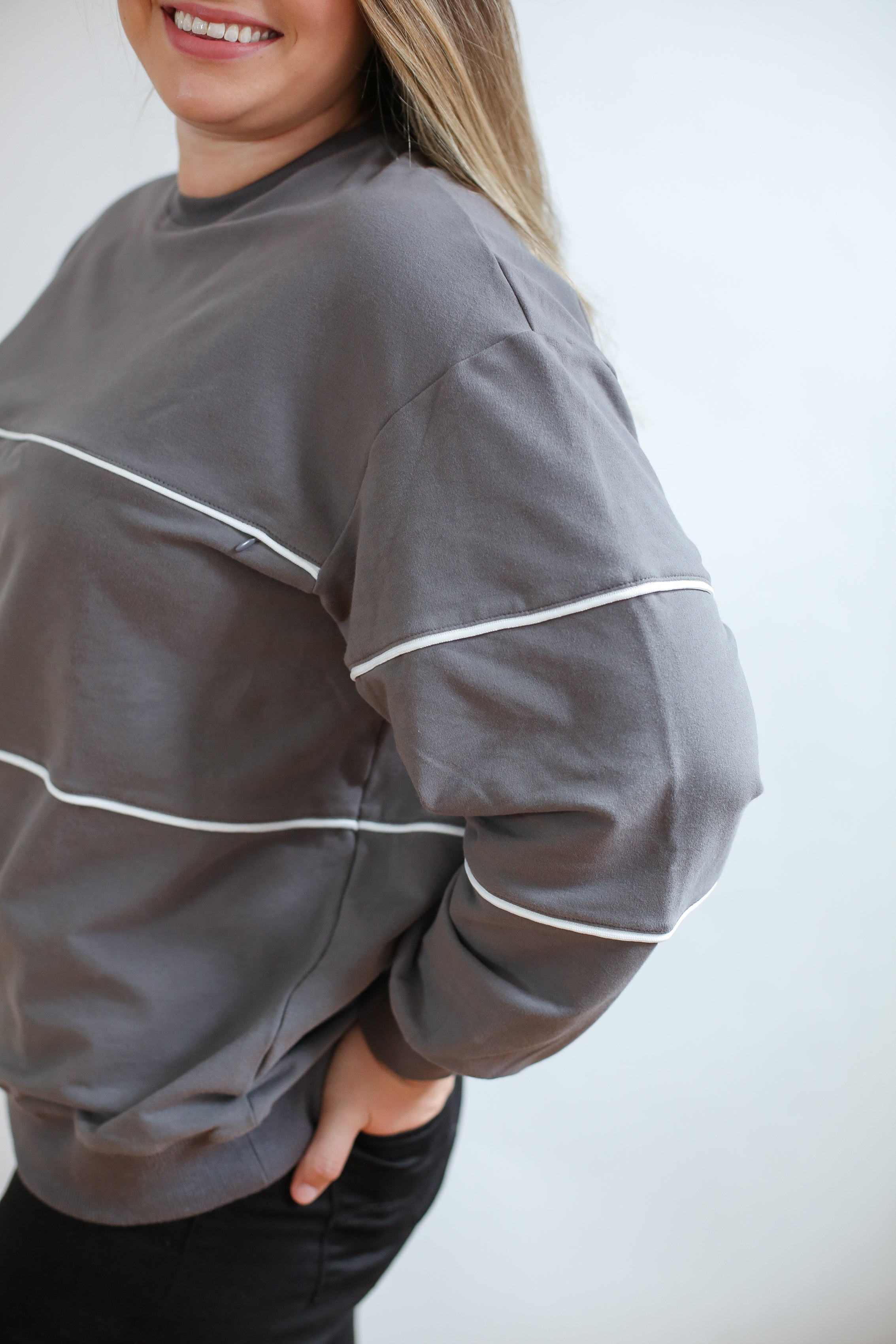 Relaxed Fit Invisible Zipper Breastfeeding Sweatshirt with Piping | Milk & Baby