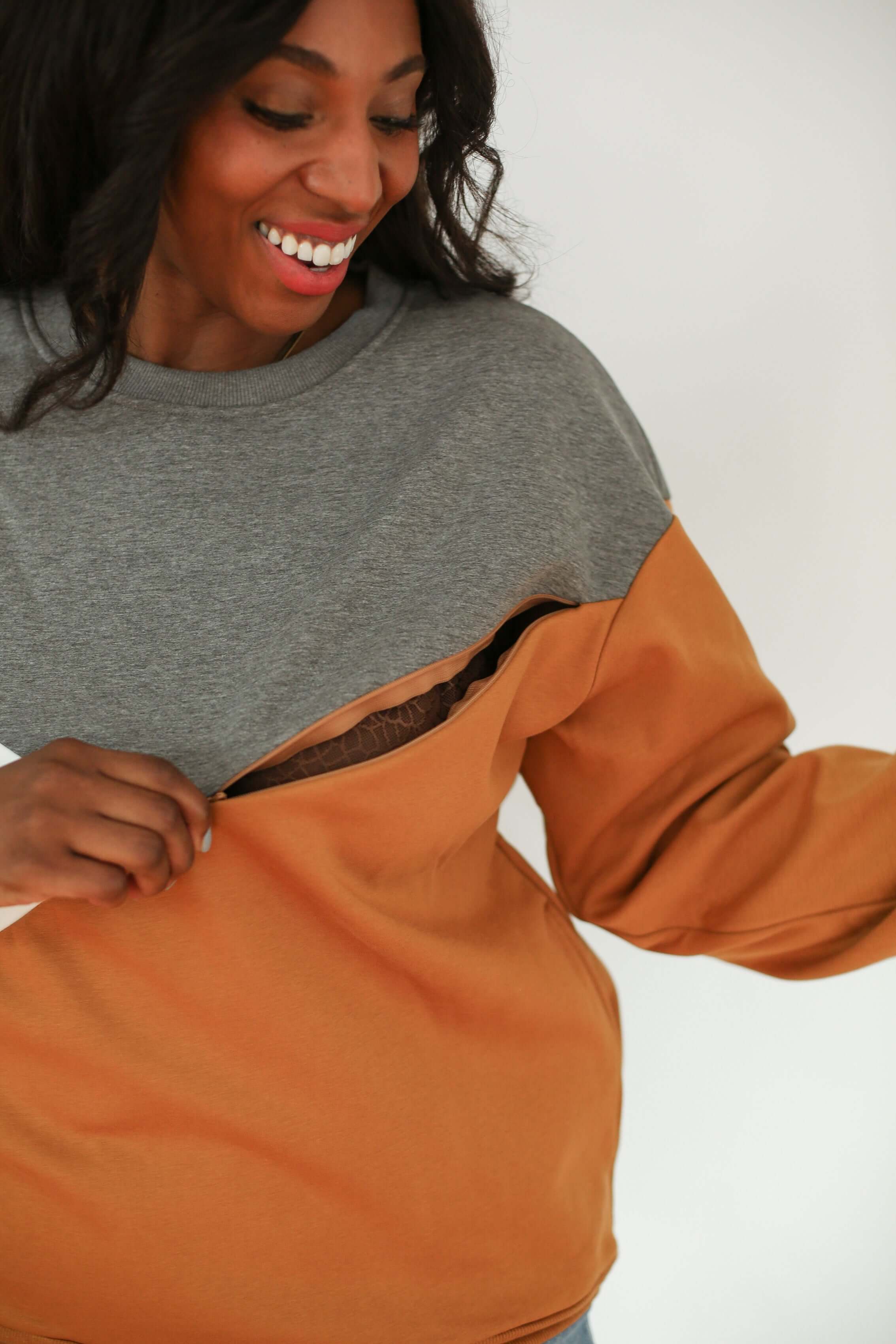Velour Interior Diagonal Zip Breastfeeding Sweatshirt | Milk & Baby