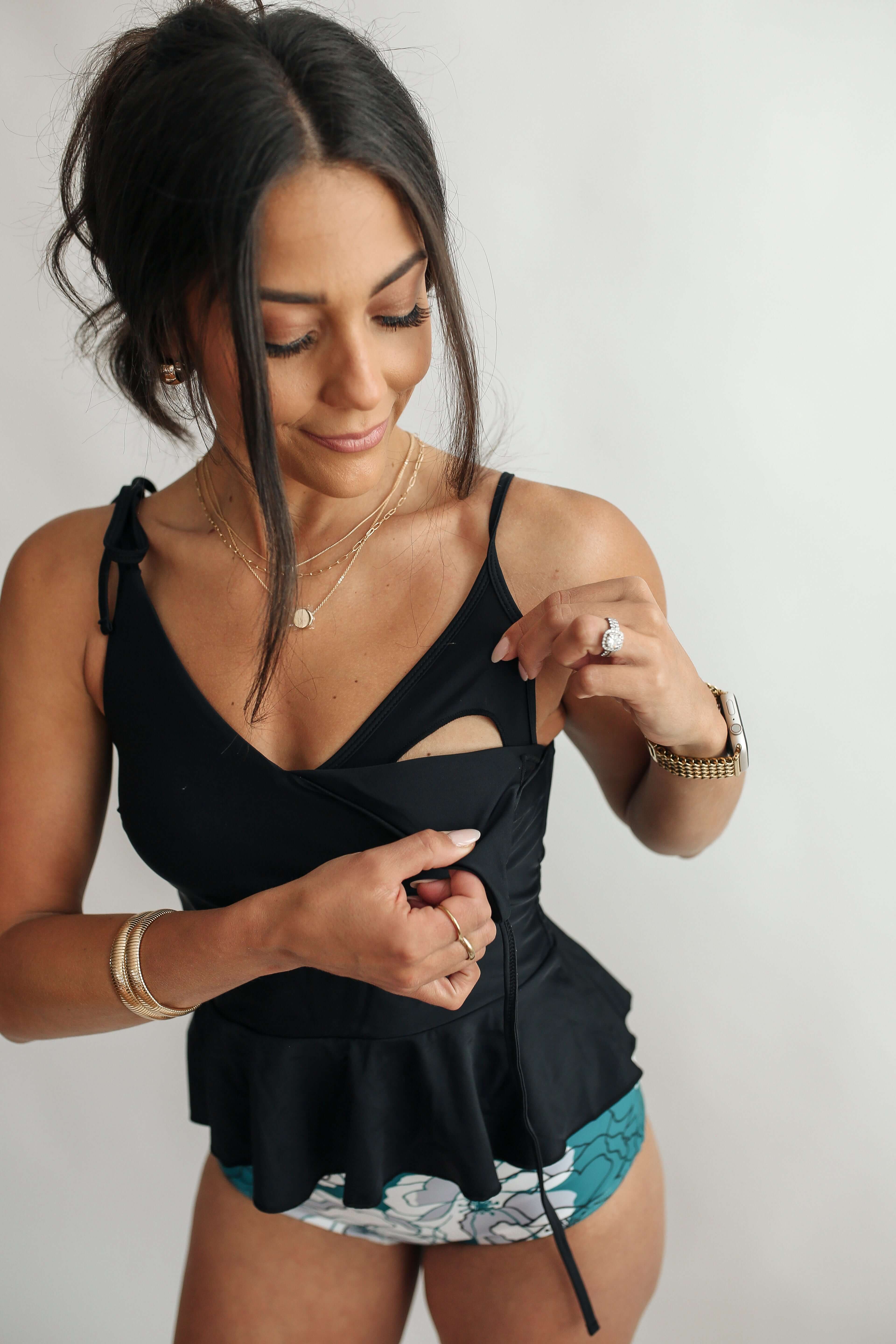Tie Shoulder Breastfeeding Peplum Tankini Swimsuit Top | Milk & Baby